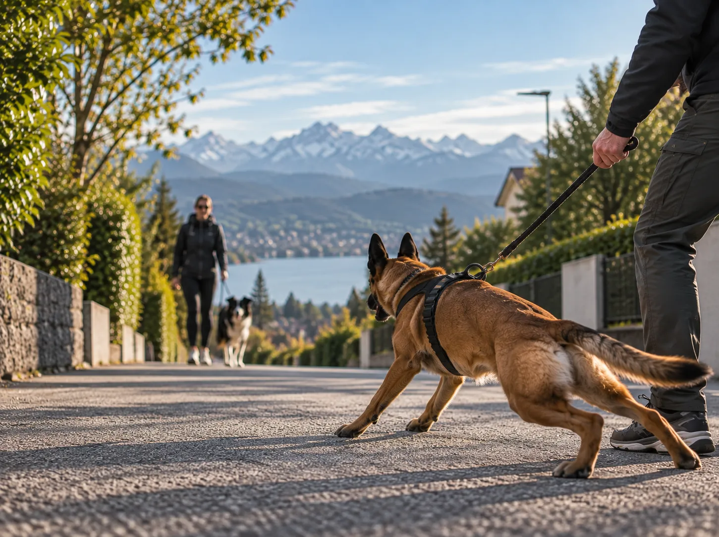 Ein Hund reagiert angespannt an der Leine auf einer Quartierstrasse, während im Hintergrund eine weitere Hundehalterin mit Hund und Bergpanorama zu sehen ist