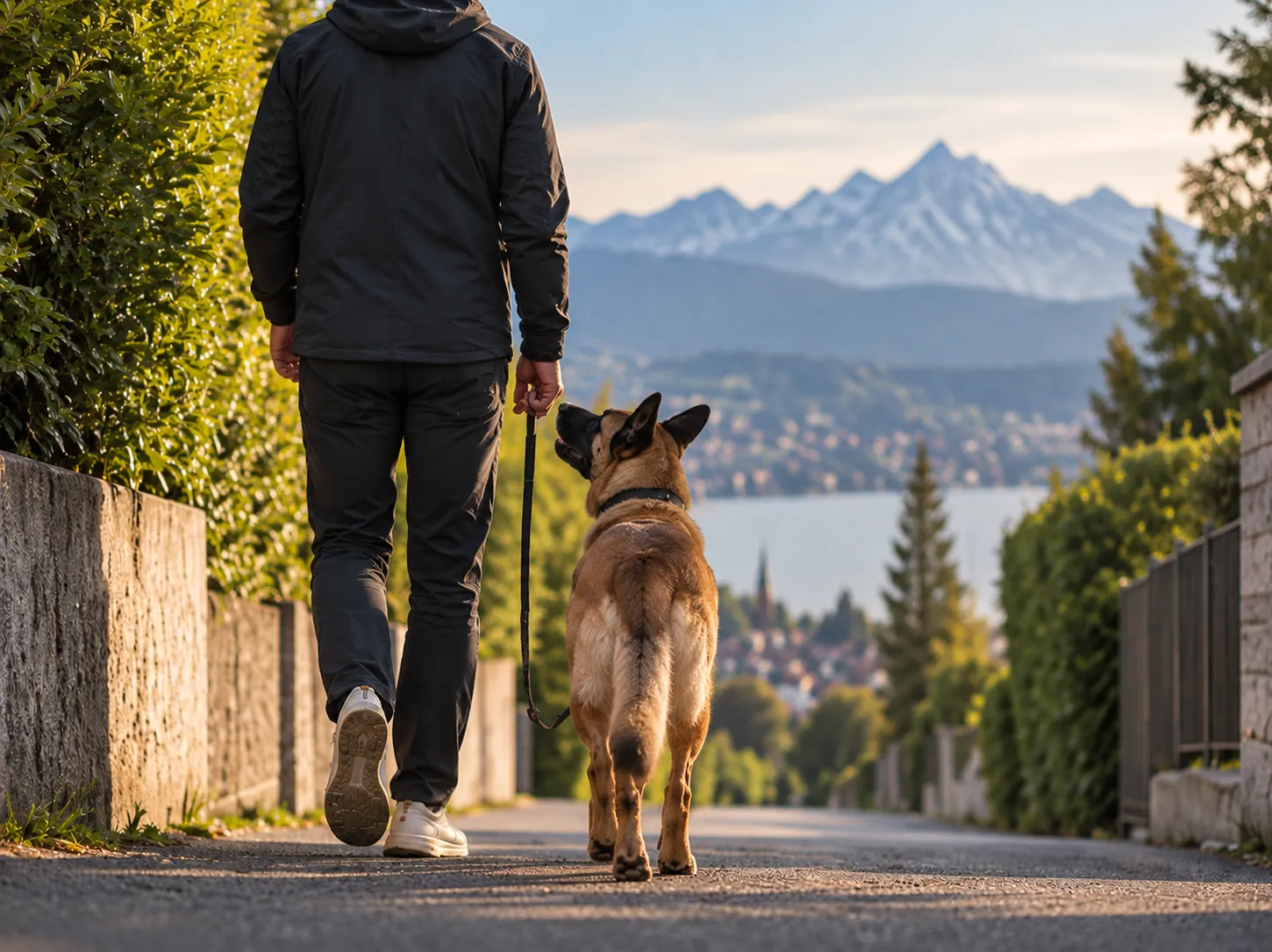 Ein Mensch geht mit seinem Hund an der Leine eine Quartierstrasse entlang, im Hintergrund Bergpanorama und See